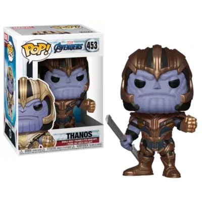 Funko Pop di Thanos dal film Avengers: Endgame, numero 453, mostrato nella sua confezione originale.