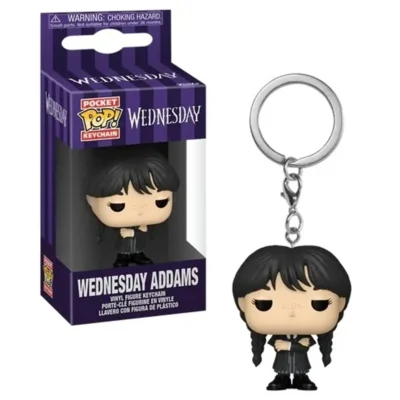 Portachiavi Funko Pocket Pop di Mercoledì Addams con cappotto nero dalla serie tv Netflix in scatola originale