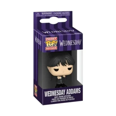 Portachiavi Funko Pocket Pop di Mercoledì Addams con cappotto nero dalla serie tv Netflix in scatola originale