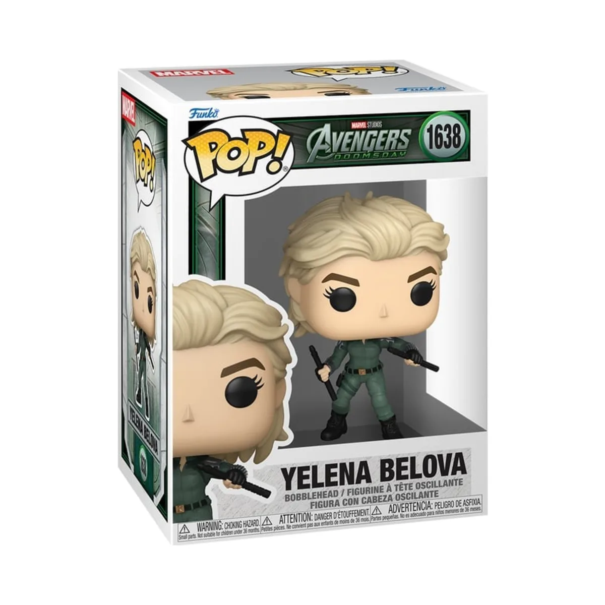 Funko Pop Yelena Avengers Doomsday Marvel N° 1638 Confezione window box del Funko Pop Yelena di Marvel numero 1638